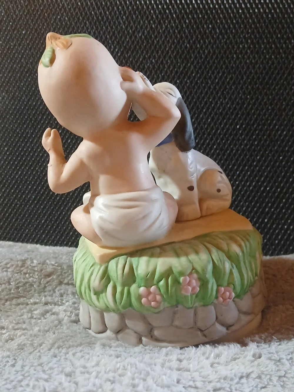 Vintage Musical Ceramic Baby & Puppy Figurine with ABC Blocks